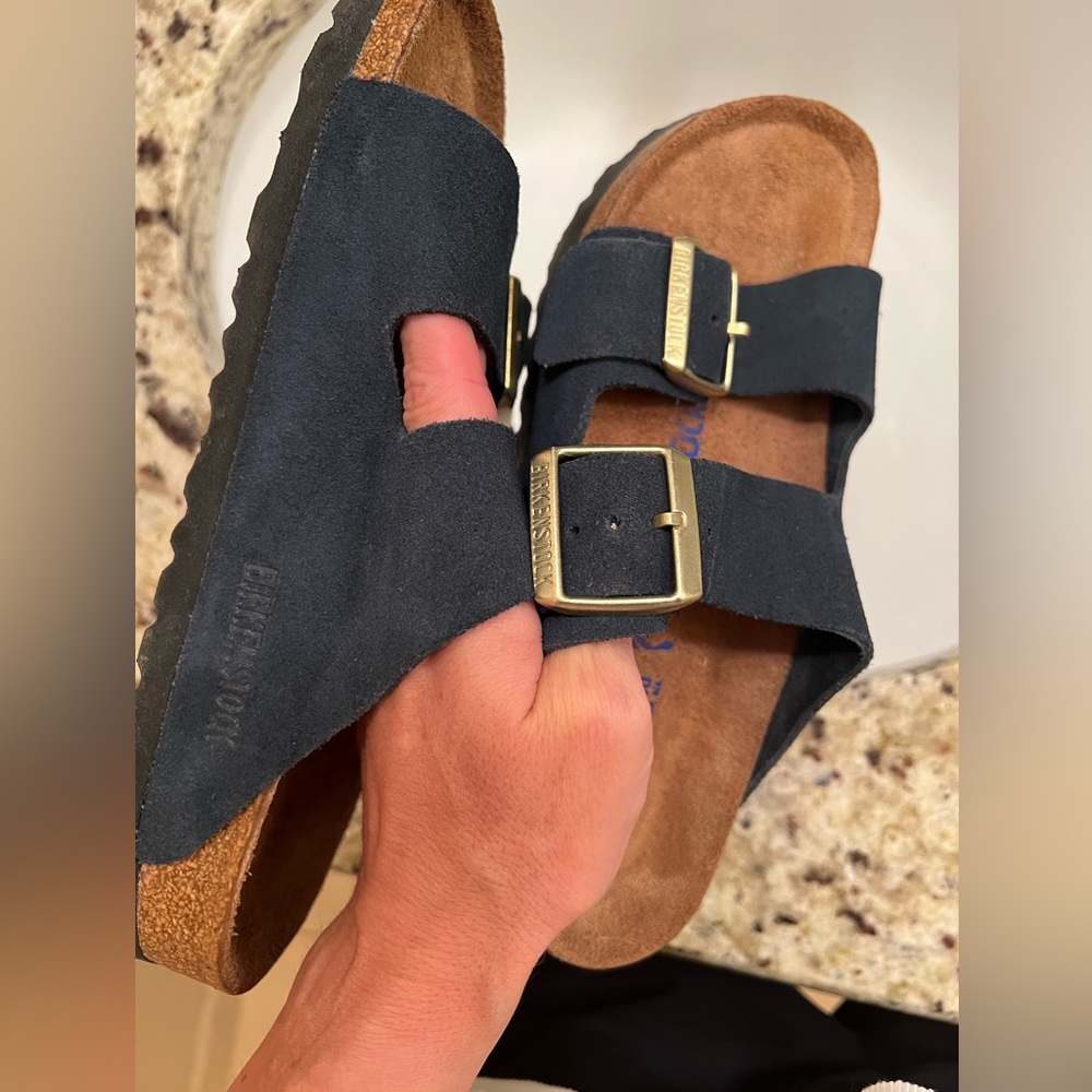 Dark navy blue with gold buckle arizonas